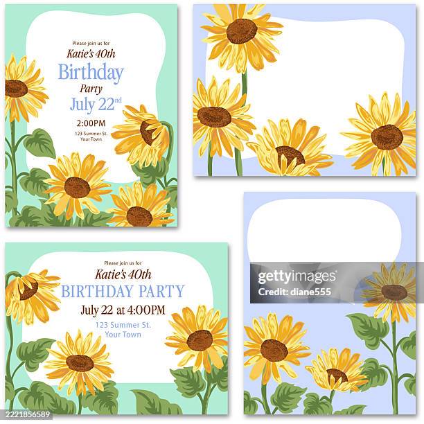 stockillustraties, clipart, cartoons en iconen met sunflower birthday invitation templates set - zonnebloemen