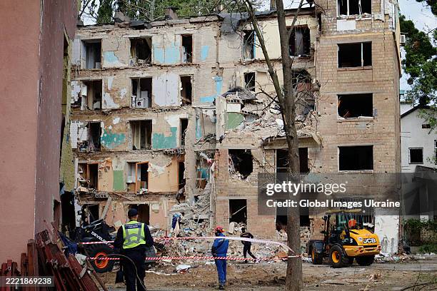Five-story residential building in Shevchenkivskyi district is partially destroyed by a Russian missile strike on June 24, 2025 in Kyiv, Kyiv Oblast,...