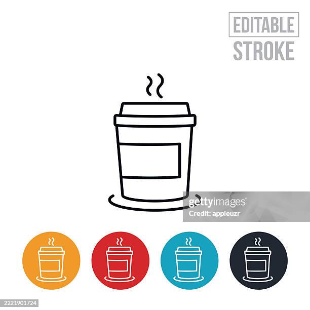 hot coffee in disposable coffee cup thin line icon - editable stroke - single use plastic cups stock illustrations