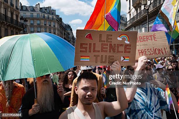 The Pride march brings together tens of thousands of people, carrying rainbow flags, signs, and banners, also with political and social demands, in...