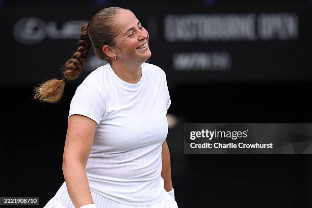 Jelena Ostapenko of Latvia reacts against Sonay Kartal of Great Britain during the Women's Singles First Round Match on Day Two of the Lexus...