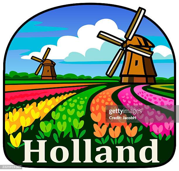holland tulips windmill logo - tulip fields netherlands stock illustrations