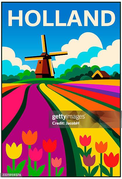 holland tulips windmill logo - tulip fields netherlands stock illustrations