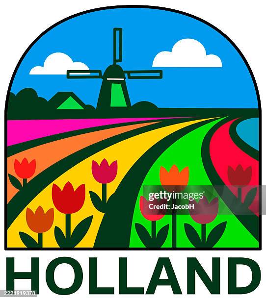 holland tulips windmill logo - tulip fields netherlands stock illustrations