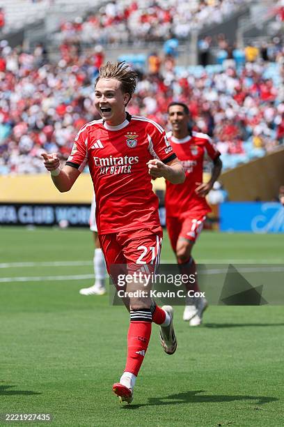 Andreas Schjelderup of SL Benfica celebrates scoring his team's first goal during the FIFA Club World Cup 2025 group C match between SL Benfica and...
