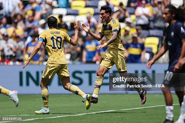 Lautaro Di Lollo and Edinson Cavani of CA Boca Juniors celebrate an own goal by Nathan Garrow of Auckland City FC during the FIFA Club World Cup 2025...