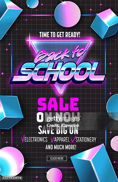 back to school sale poster design neon synth wave or 80s style template with geometric 3d shapes - 3d type set stock illustrations
