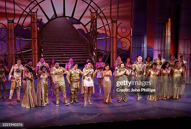 Members of the cast onstage during the curtain call at Disney's "Hercules" World Premiere at the Theatre Royal Drury Lane on June 24, 2025 in London,...