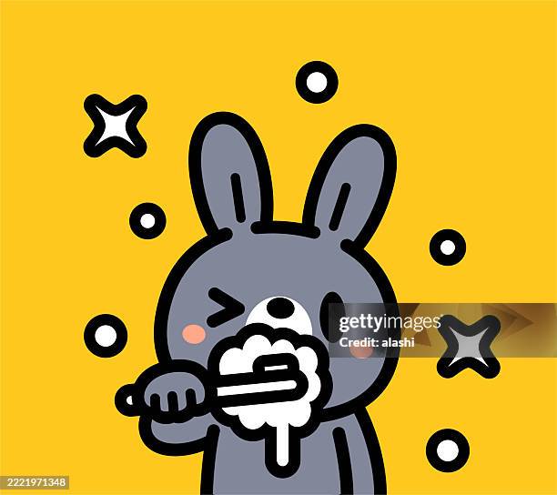 a cute bunny brushing its teeth looks at the viewer. front view, black outline with flat colors, minimalist style - year of the rabbit stock illustrations