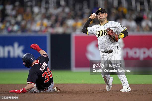 Throwing Tp First Base Jose Iglesias of the San Diego Padres throws to first base late after ...