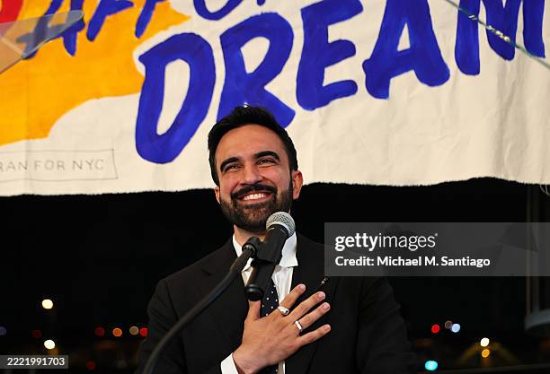 New York mayoral candidate, State Rep. Zohran Mamdani speaks to supporters during an election night gathering at The Greats of Craft LIC on June 24,...