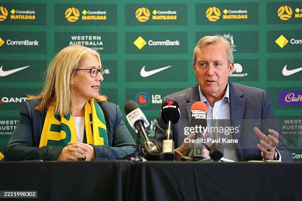Rita Saffioti and Reece Whitby talk to the media during an Australia Matildas media opportunity at HBF Park on June 25, 2025 in Perth, Australia.