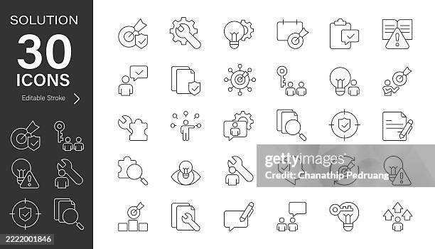 solution line vector icon set. pixel perfect. editable stroke. stock illustration. icon symbol, risk, explaining, advice - key findings stock illustrations