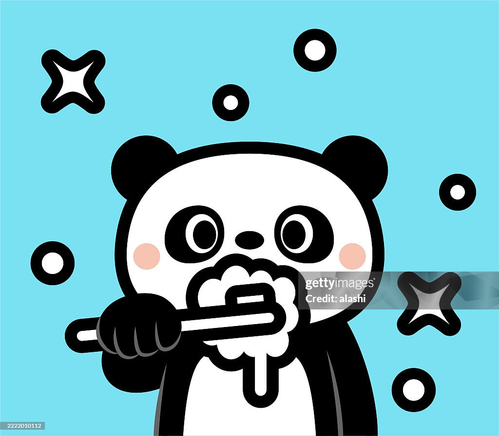 A cute panda brushing its teeth looks at the viewer. Front view, black outline with flat colors, minimalist style