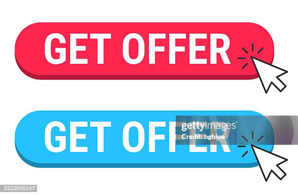 get offer - red and blue buttons with cursor on white background - donate button stock illustrations