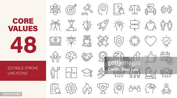kernwerte, zeile, bearbeitbarer symbolsatz. - ethik und moral stock-grafiken, -clipart, -cartoons und -symbole