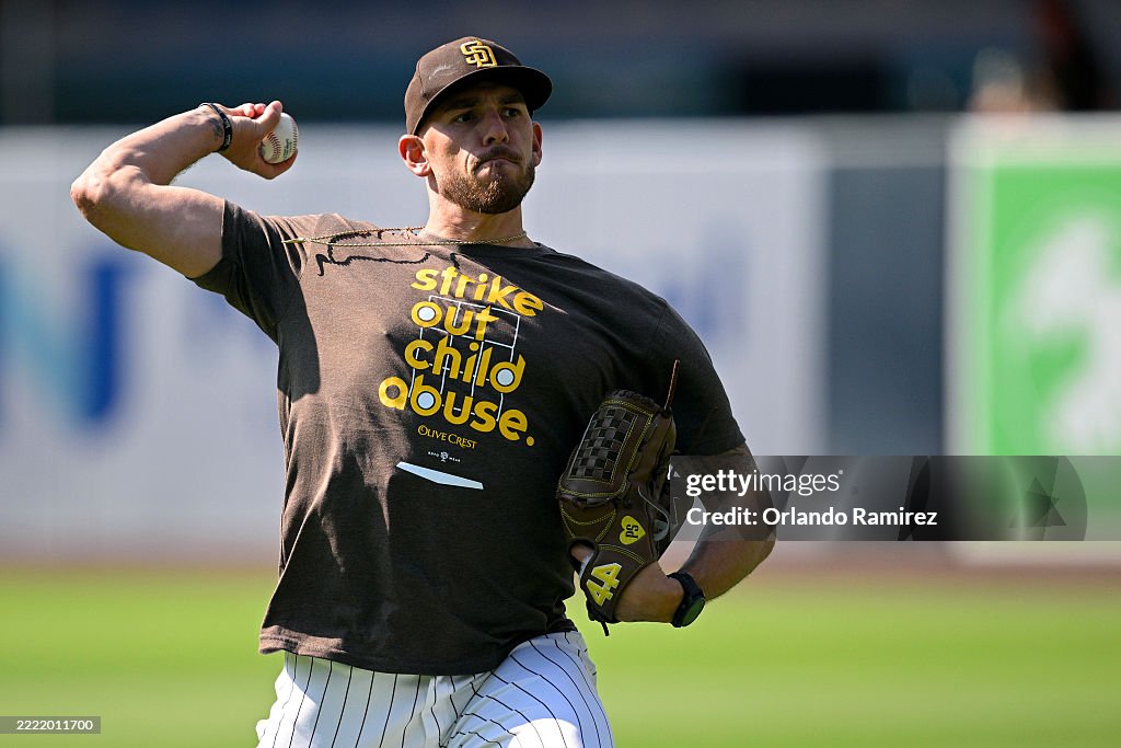 Padres Java Joe Joe Musgrove of the San Diego Padres throws in the outfield before ...