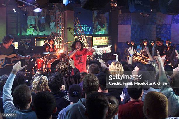 Rage Against the Machine singer Zach de la Rocha during a performance at the MTV Times Square studio in New York City.