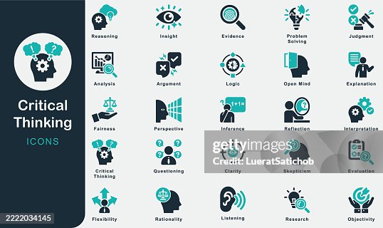 Critical Thinking solid icons collection.Containing Research, Listening, Explanation, Flexibility, Fairness, Objectivity, Evaluation, Analysis, Logic, Reasoning, Reflection, Inference, Interpretation Critical Thinking solid icons collection.Containing Research, Listening, Explanation, Flexibility, Fairness, Objectivity, Evaluation, Analysis, Logic, Reasoning, Reflection, Inference, Interpretation