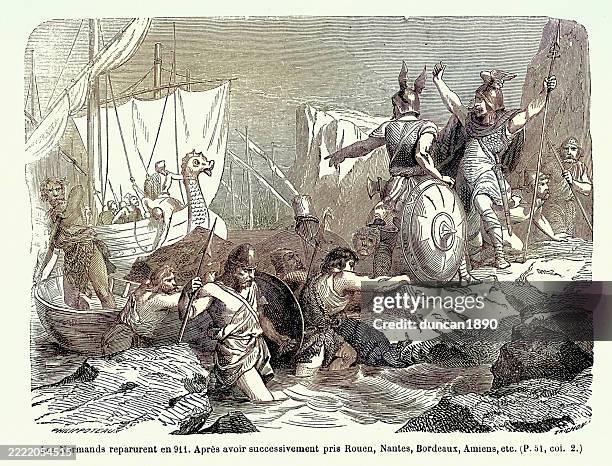 norman invasion in 911 french history, viking longships, warrior with winged helmets, vintage illustration - viking stock illustrations