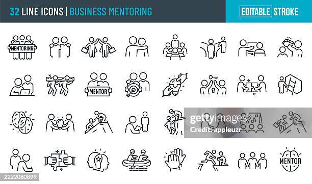 illustrazioni stock, clip art, cartoni animati e icone di tendenza di icone della linea sottile di mentoring aziendale e mentorship - tratto modificabile - le icone includono un mentore aziendale che fa da mentore a un altro, lavoro di squadra, partnership, insegnamento, apprendimento, influenza, coaching, consulenza, leader - mentoring