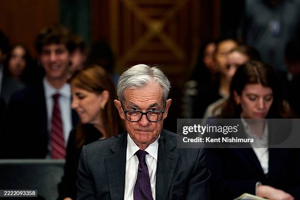 Federal Reserve Chairman Jerome Powell testifies before the Senate Committee on Banking, Housing, and Urban Affairs during a hearing to “examine the...