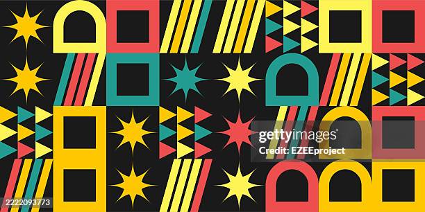 colorful abstract vector pattern artwork made with various geometric shapes and elements. digital graphics design for poster, cover, art, presentation, prints, fabric, wallpaper and branding. - decorating stage stock illustrations