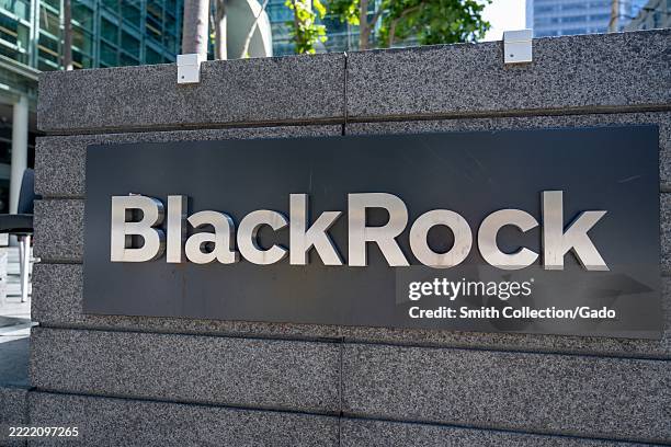 Exterior sign for BlackRock investment firm outside office building, San Francisco, California, May 27, 2025.