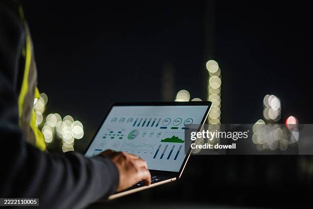 business reprot in screen of computer - petrokemisk fabrik bildbanksfoton och bilder
