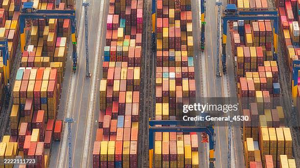 aerial view of container terminal. - pantaloni militari foto e immagini stock