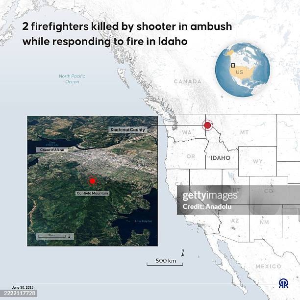 An infographic titled '2 firefighters killed by shooter in ambush while responding to fire in Idaho' created in Ankara, Turkiye on June 30, 2025.