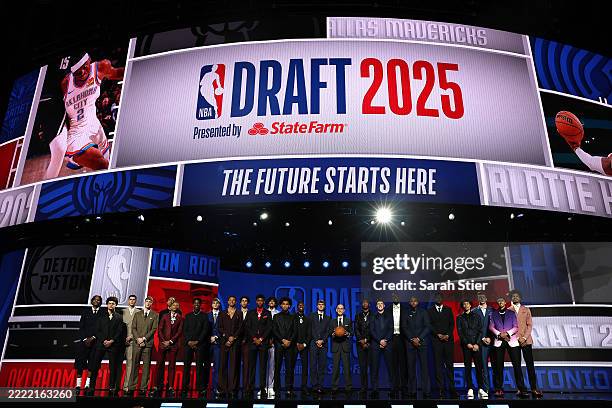 Commissioner Adam Silver poses with 2025 NBA Draft Prospects prior to the first round of the 2025 NBA Draft at Barclays Center on June 25, 2025 in...