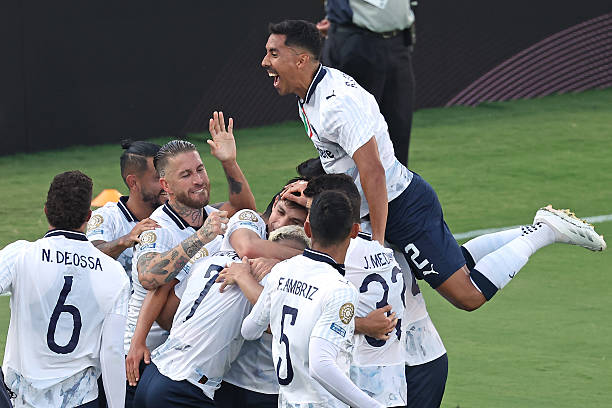 Players of CF Monterrey celebrate German Berterame after scoring his team's second goal during the FIFA Club World Cup 2025 group E match between...