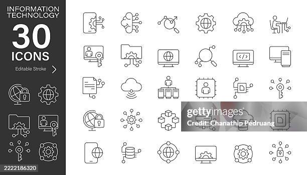 information technology line vector icon set. pixel perfect. editable stroke. stock illustration. icon symbol, database, connection - database symbol stock illustrations