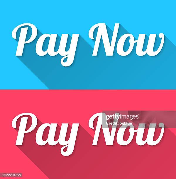 pay now - flat design with long shadow on blue and red background - instant payment stock illustrations