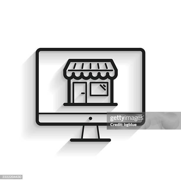 online shopping with desktop computer. line icon with long shadow on white background - online store stock illustrations