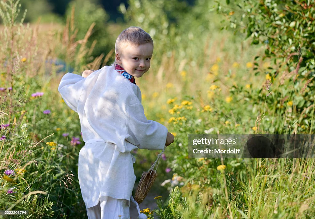草原を走る素敵な就学前の男の子