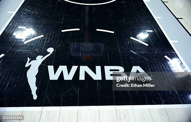 Logo is shown on the court before a game between the Connecticut Sun and the Las Vegas Aces at Michelob ULTRA Arena on June 25, 2025 in Las Vegas,...