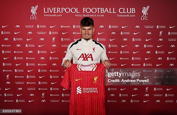 Milos Kerkez new signing for Liverpool FC at AXA Training Centre on June 26, 2025 in Kirkby, England.