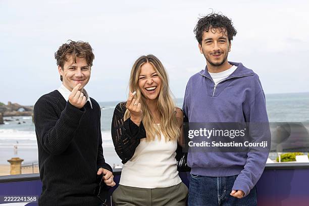 Félix Lefebvre, Anja Verderosa and Aurélien Peyre attend the "L'Épreuve du feu " photocall during the 3rd "Nouvelles Vagues" International Biarritz...
