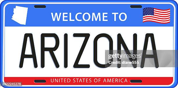 arizona license plate with map & flag - arizona stock illustrations