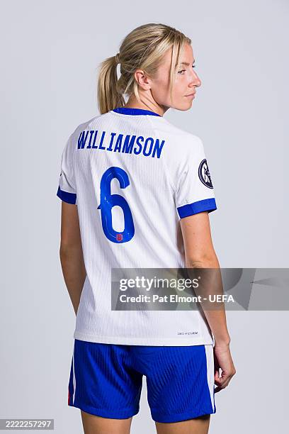Leah Williamson of England poses for a portrait during the Official UEFA Women's EURO 2025 Portrait Session on June 24, 2025 in London, England.