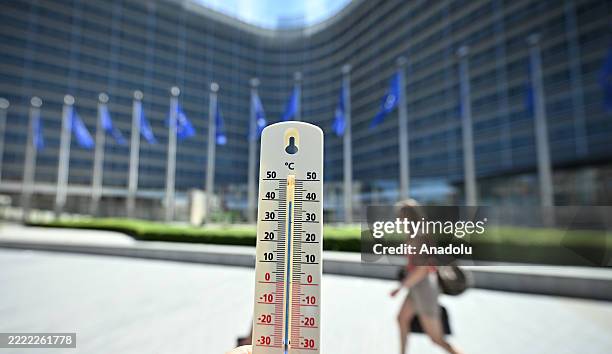 Thermometer shows the temperature rising towards 40°C as Belgium faces an intense heatwave, prompting the Royal Meteorological Institute to issue an...