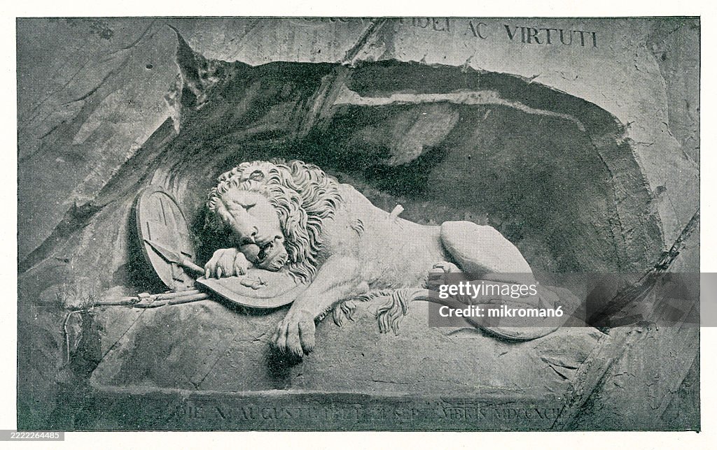 Old engraved illustration of the Lion Monument or the Lion of Lucerne, a rock relief in Lucerne, Switzerland, designed by Bertel Thorvaldsen and hewn in 1820–21 by Lukas Ahorn