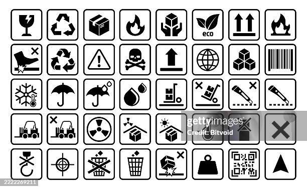 versand- und handhabungssymbole – zerbrechliche, recycling- und verpackungssymbole - brennbar stock-grafiken, -clipart, -cartoons und -symbole