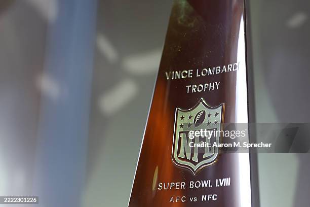 Detail of the Vince Lombardi Trophy with NFL Shield from Super Bowl LVIII at The University of Kansas Health System Training Complex on June 17, 2025...