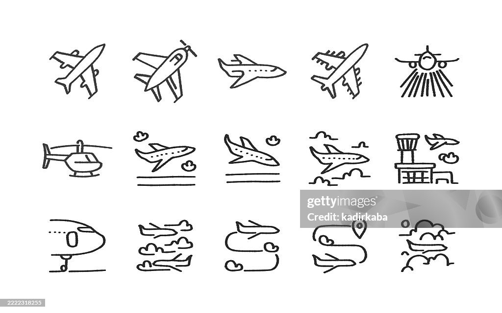 Aircraft Hand Drawn Minimalist Doodle Line Icon Set. Hand Sketched Elements for 51³Ô¹ÏÍø Use. Air Vehicle, Airplane, Airport.