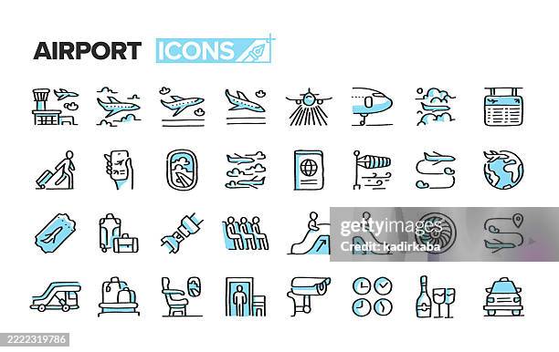 airport hand drawn minimalist doodle line icon set. hand sketched elements for creative use. airplane, air vehicle, arrival, mode of transport. - jet engine stock illustrations