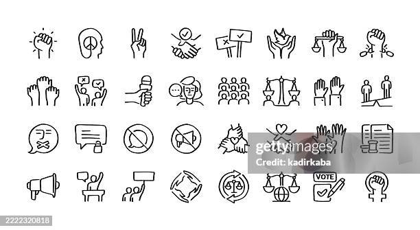 aktivismus handgezeichnete minimalistische doodle-linie icon set. handskizzierte elemente für den kreativen einsatz. freiheit, meinung, gleichheit, gleichheit, teilhabe, gesellschaft. - protestantismus stock-grafiken, -clipart, -cartoons und -symbole