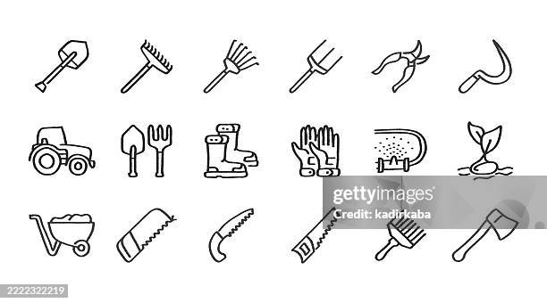 agriculture tools hand drawn minimalist doodle line icon set. hand sketched elements for creative use. garden tools, botany tools - tractor repair stock illustrations